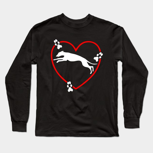 Running White Greyhound Red Heart Paw Prints Long Sleeve T-Shirt by Greyt Graphical Greyhound